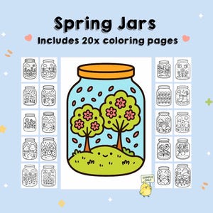 May include: A light blue illustration with the text "Spring Jars" and "Includes 20x colouring pages." The image shows a large jar with trees and flowers, surrounded by smaller jars with spring-themed drawings. A yellow chick with a sign that says "SAMPLE ONLY" is also present.
