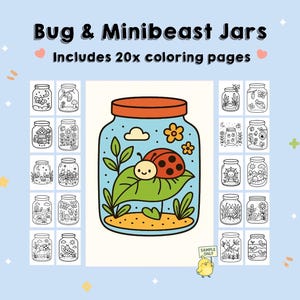 Puede incluir: Sobre un fondo azul claro, el texto "Bug & Minibeast Jars" y "Includes 20x coloring pages." La imagen muestra un tarro grande con un diseño de mariquita y hoja, rodeado de tarros más pequeños con ilustraciones de insectos y naturaleza.