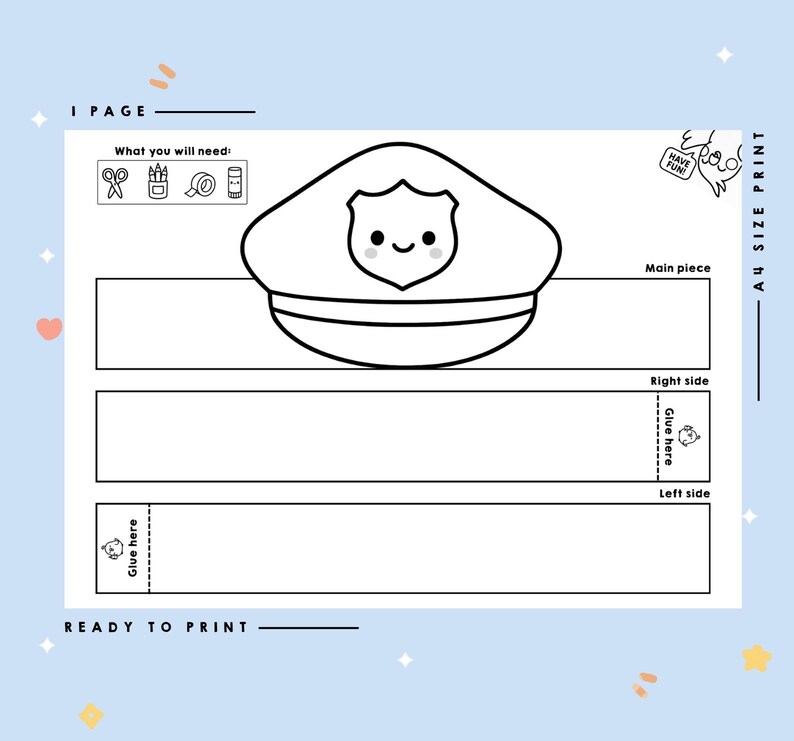 Printable Police Officer Hat Craft Color, Cut & Wear DIY Paper Hat