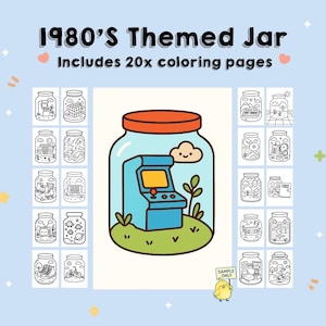 Pode incluir: Ilustração de desenho animado de um frasco com tampa laranja, contendo um jogo de arcade azul. O texto "1980'S Themed Jar" e "Includes 20x coloring pages" estão no topo. Ao redor do frasco, 20 frascos menores com diferentes desenhos temáticos dos anos 80.