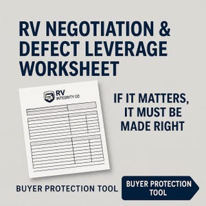 May include: A white worksheet with the text "RV Negotiation & Defect Leverage Worksheet" and "RV Integrity Co" logo. The text "If it matters, it must be made right" is also present. A dark blue arrow with the text "Buyer Protection Tool" is at the bottom.