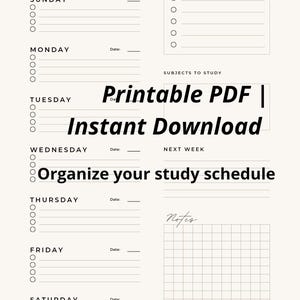 Op de afbeelding: Een wekelijkse studieplanner-sjabloon met de tekst Student Weekly Planner, Study Goal, Subjects to Study, Next Week en Notes. De lay-out bevat dagelijkse secties van zondag tot zaterdag met selectievakjes en lijnen voor datums en taken.