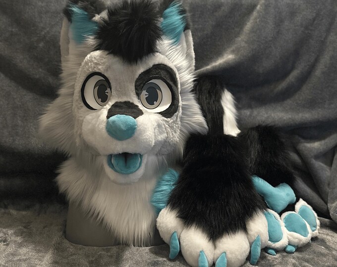 Premade Canine Mini Partial Fursuit – Black, White & Grey With Cyan ...