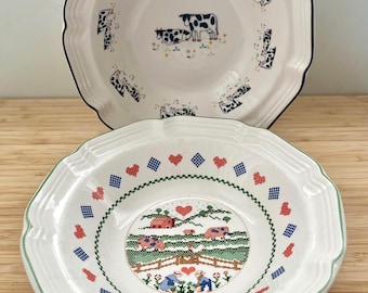 Set of 2 Vintage Bowls | Hankook Farm Scene Motifs | Made in Korea | 1990s