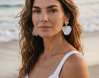 18k Gold Plated Pearl Flower Heart Earrings – Boho Chic Drop Earrings – Elegant Women's Jewelry – Iridescent White Earrings