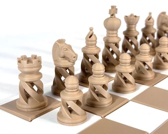 Modern beige chess pieces – Minimalist contemporary design set – Sculptural 3D printed chess set – Chess Project