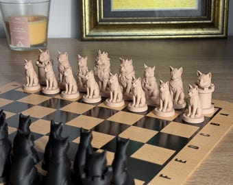 Schachfiguren mit Katzenmotiv – 32-teilig – Elegantes und originelles Katzen-Set – Einzigartiges Geschenk – Für Schachfans und Sammler – Geburtstagsgeschenk