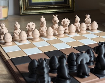 Complete Dinosaur Chess Set – Cute 3D Printed Chess Set – Baby Dinosaurs and Cracked Eggs – Original Gift for Children – Chess Pieces