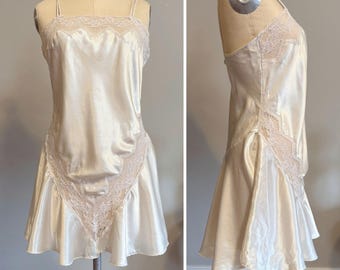 Vintage Ivory Satin Slip Dress Lace Trim Bias Cut Mini Lingerie Old Hollywood
