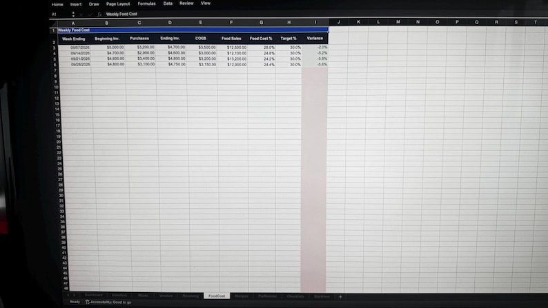 K&ouml;nnte beinhalten: Eine digitale Tabellenkalkulation mit dem Titel Weekly Food Cost auf einem Bildschirm. Die Tabelle enth&auml;lt Spalten f&uuml;r Week Ending, Beginning Inv, Purchases, Ending Inv, COGS, Food Sales, Food Cost %, Target % und Variance mit Daten.