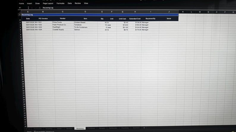 K&ouml;nnte beinhalten: Eine digitale Tabellenkalkulation mit dem Titel Receiving Log auf einem Computerbildschirm. Die Tabelle enth&auml;lt Spalten f&uuml;r Date, PO/Invoice, Vendor, Item, Qty, Unit, Unit Cost, Extended Cost, Received By und Issue mit vier Zeilen an Inventardaten.