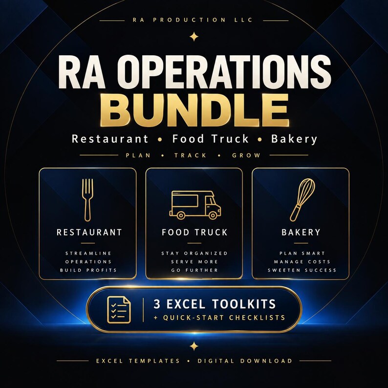 May include: A digital graphic for the RA Operations Bundle featuring three gold-outlined boxes with icons for a restaurant, food truck, and bakery. Text includes RA Operations Bundle, Plan, Track, Grow, and 3 Excel Toolkits + Quick-Start Checklists.