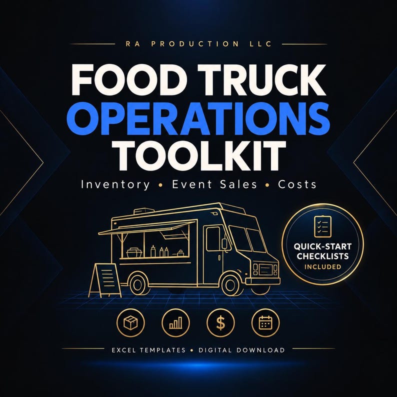 May include: A digital graphic for a Food Truck Operations Toolkit by RA Production LLC. It features a gold line-art food truck, icons for inventory, sales, and costs, and a badge stating Quick-Start Checklists Included. Text includes Excel Templates.