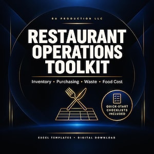 K&ouml;nnte beinhalten: Ein digitaler Download mit dem Titel Restaurant Operations Toolkit von RA Production LLC. Die Grafik zeigt wei&szlig;en Text auf dunkelblauem Hintergrund, einschlie&szlig;lich der W&ouml;rter Inventory, Purchasing, Waste, Food Cost und Excel Templates.