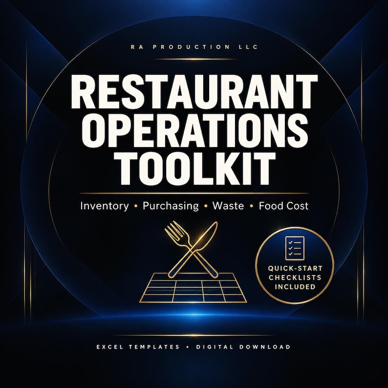 K&ouml;nnte beinhalten: Ein digitaler Download mit dem Titel Restaurant Operations Toolkit von RA Production LLC. Die Grafik zeigt wei&szlig;en Text auf dunkelblauem Hintergrund, einschlie&szlig;lich der W&ouml;rter Inventory, Purchasing, Waste, Food Cost und Excel Templates.
