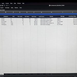K&ouml;nnte beinhalten: Eine digitale Tabellenkalkulation mit dem Titel Inventory Control auf einem Computerbildschirm. Die Tabelle enth&auml;lt Spalten f&uuml;r Item, Category, Unit, Par Level, On Hand, Unit Cost, Last Count, Vendor, Storage, Inventory Value, Variance to Par und Status.