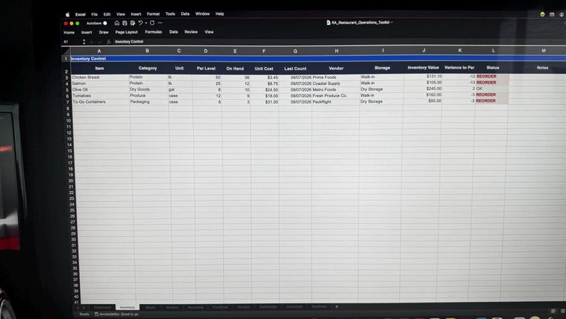 K&ouml;nnte beinhalten: Eine digitale Tabellenkalkulation mit dem Titel Inventory Control auf einem Computerbildschirm. Die Tabelle enth&auml;lt Spalten f&uuml;r Item, Category, Unit, Par Level, On Hand, Unit Cost, Last Count, Vendor, Storage, Inventory Value, Variance to Par und Status.