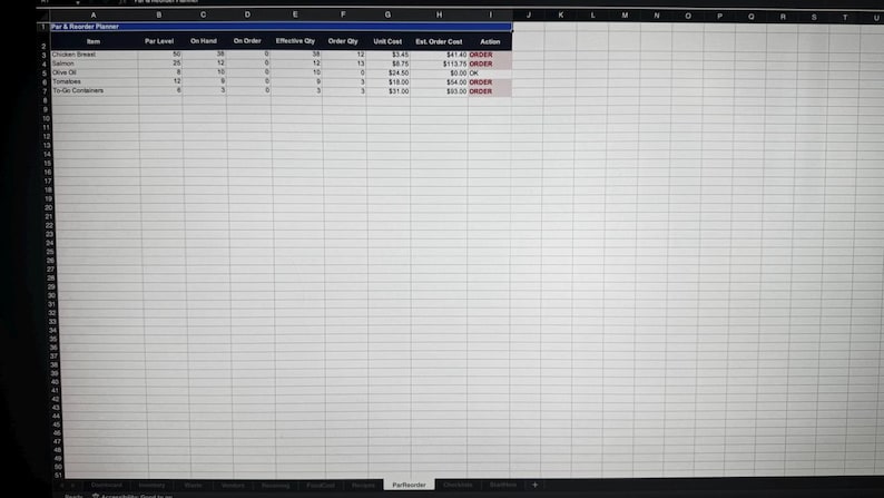 K&ouml;nnte beinhalten: Eine digitale Tabellenkalkulation mit dem Titel Par & Reorder Planner auf einem Bildschirm. Die Tabelle enth&auml;lt Spalten f&uuml;r Item, Par Level, On Hand, On Order, Effective Qty, Order Qty, Unit Cost, Est. Order Cost und Action und listet Artikel auf.