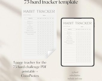 75 Hard Challenge Tracker Rules included, (PDF printable + GoodNotes digital product).