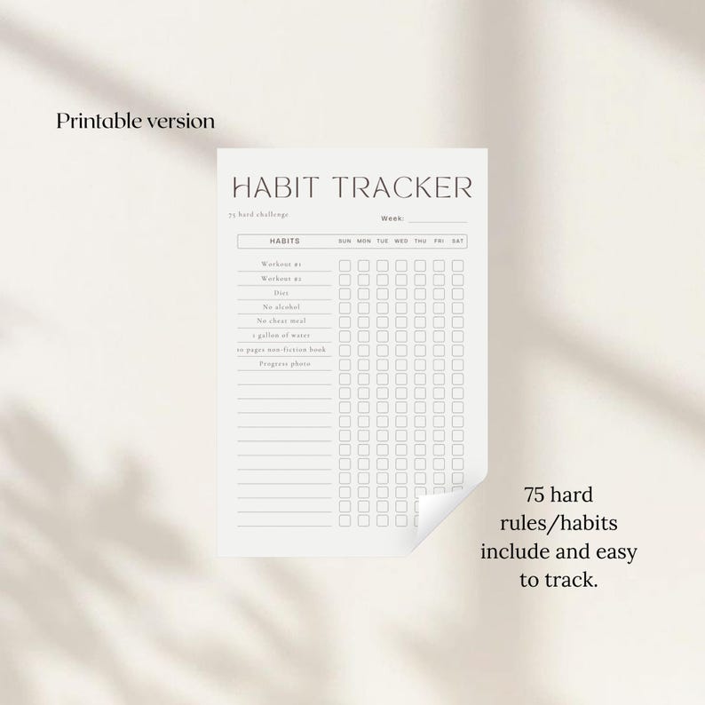 Op de afbeelding: Een afdrukbare habit tracker op een witte achtergrond. De tracker bevat secties voor gewoonten en dagen van de week. De tekst "75 harde regels/gewoonten bevatten en gemakkelijk te volgen" is ook zichtbaar.