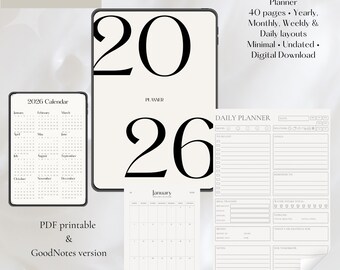 Digitale planner 2026 | Eenvoudige minimalistische planner | Jaarlijks Maandelijks Wekelijks Dagplanner | Niet-gedateerde pdf | iPad-planner