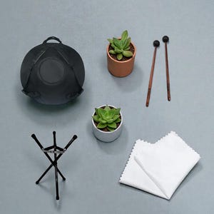 May include: A black hang drum with a carrying case, two small potted succulents, a black metal stand, two wooden mallets, and two white cleaning cloths. The items are arranged on a gray surface.