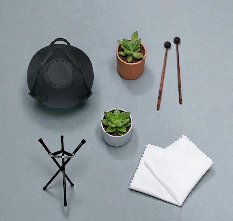 May include: A black hang drum with a carrying case, two small potted succulents, a black metal stand, two wooden mallets, and two white cleaning cloths. The items are arranged on a gray surface.