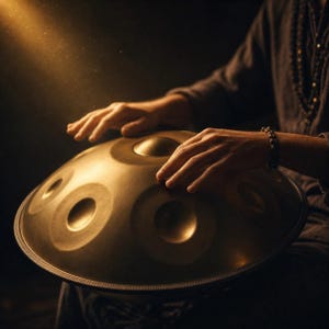 May include: A close-up of a golden hang drum, also known as a handpan, with a musician's hands poised above the instrument. The instrument has several circular indentations. The background is dark, with a beam of light.