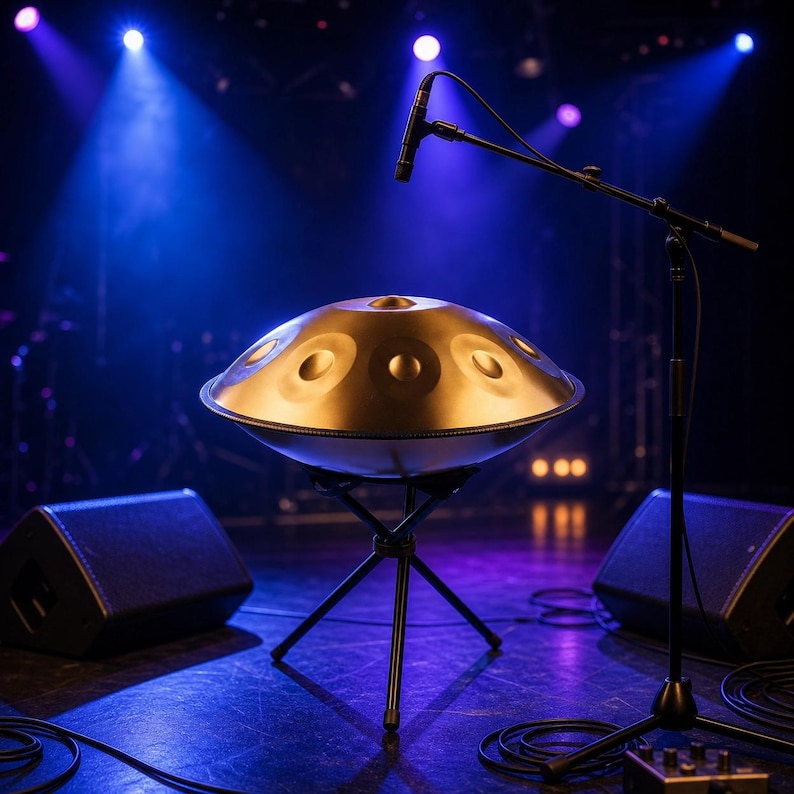 May include: A golden-colored handpan drum on a black tripod stand, with a microphone overhead. The stage is lit with blue spotlights, and two black speakers are visible on either side of the drum. Cables are on the floor.