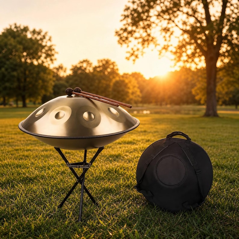 May include: A golden-colored handpan steel drum with a black stand and two wooden mallets resting on top. A black carrying case sits on the grass next to the instrument. The scene is set outdoors in a grassy field with trees and a sunset.