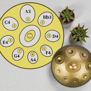 May include: A golden-colored handpan with a dark gray rim, next to a diagram of the instrument's notes. The diagram is yellow with white circles indicating notes like A3, Bb3, and D4. Two small potted succulents are also in the image.