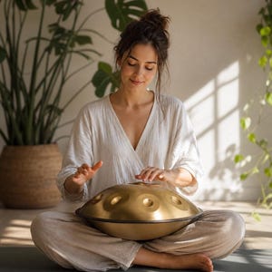 May include: A person seated cross-legged, playing a golden hang drum. The instrument has a rounded shape with several circular indentations. The person is wearing a white top and beige pants, with a serene expression. A large potted plant is in the background.