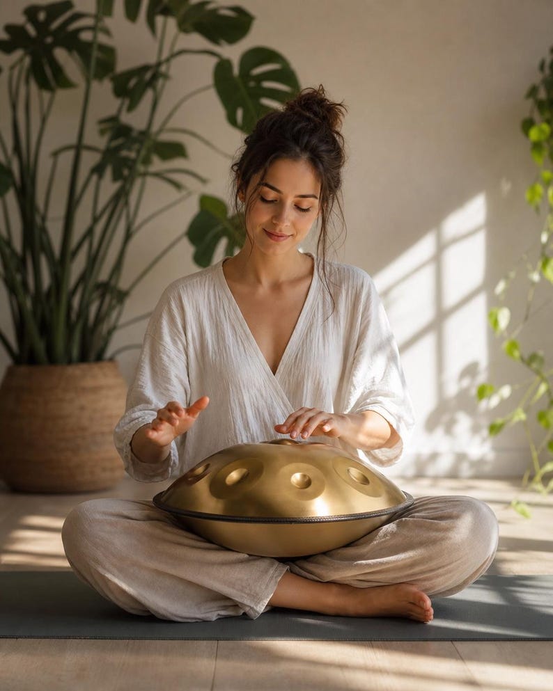 May include: A person seated cross-legged, playing a golden hang drum. The instrument has a rounded shape with several circular indentations. The person is wearing a white top and beige pants, with a serene expression. A large potted plant is in the background.