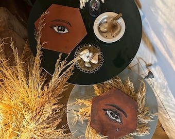 Hand Painted Eye on Vintage Terracotta Tile happy and sad