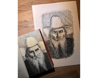 Cowboy-Porträt, Freihandzeichnung in schwarzer Tusche, A4-Format, Originalkunstwerk