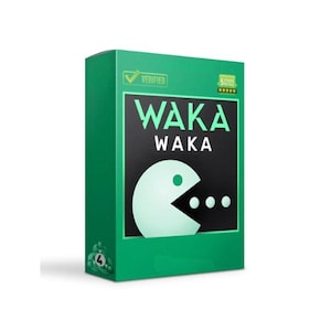 Op de afbeelding: Een groene doos met de tekst "WAKA WAKA" in witte letters, met een Pac-Man-achtig karakter eronder. De doos toont ook een "Geverifieerd" vinkje en een vijfsterrenbeoordeling. Het ontwerp is eenvoudig en opvallend.