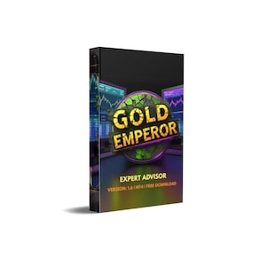May include: A product box with the words "GOLD EMPEROR" in gold lettering, with the words "EXPERT ADVISOR" below. The background features computer screens displaying financial charts. The box is black with a slight angle.
