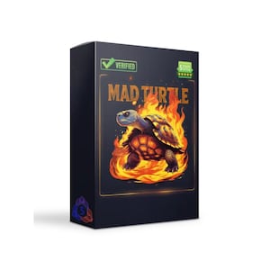 May include: A dark blue product box with the words "MAD TURTLE" in orange. The box features a turtle illustration surrounded by flames. The box has a green checkmark that says "VERIFIED" and a five-star rating.