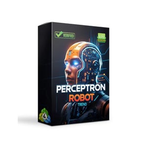 Peut inclure: Une boîte de produit avec un design de robot futuriste. Le texte "PERCEPTRON ROBOT TREND" est affiché. La boîte a une coche "VÉRIFIÉ" et une note de cinq étoiles. Le robot a une tête orange et des yeux bleus brillants.