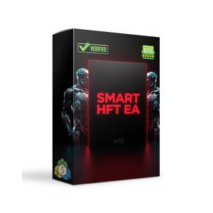 Può includere: Una scatola nera con la scritta "SMART HFT EA" in rosso. La scatola è contrassegnata con "VERIFICATO" con un segno di spunta verde e una valutazione a cinque stelle. Due figure di robot affiancano il design centrale.