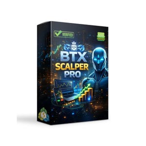 Op de afbeelding: Een productdoos met de tekst "BTX Scalper Pro" en een futuristische illustratie van een robot. De doos heeft een geverifieerd vinkje en een vijfsterrenbeoordeling. Een laptop en smartphone tonen financiële grafieken.