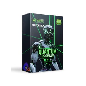 Può includere: Una scatola di prodotto con un design futuristico con una figura robotica. La scatola è nera con accenti al neon verdi e le parole "QUANTUM PREMIUM" in grandi lettere luminose. La scatola mostra anche le parole "VERIFIED" e "FUNDEDEA".