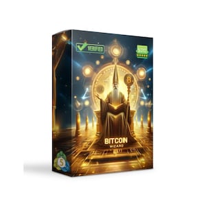 May include: A product box with a digital illustration of a wizard on a throne, holding a staff with a Bitcoin symbol. The box has a gold and blue colour scheme with the text "Bitcoin Wizard" and a "Verified" seal.