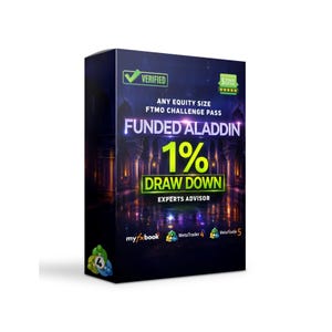 Peut inclure: Une boîte de produit avec un fond bleu foncé affiche le texte "FUNDED ALADDIN" et "1% DRAW DOWN". La boîte affiche également "VERIFIED" et "5 STARS RATING". Les logos de MetaTrader 4 et 5 sont visibles.