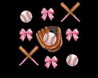 Coquettesoftbal png, softbalontwerp zacht meisjestijdperk, roze striksoftbal png, game dag softbal digitale download, schattige sportsublimatie