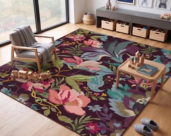 Floral Peacock Rug, Tropical Botanical Rug, Colorful Hand Tufted Rug, Exotic Bird Rug, Maximalist Home Decor, Vintage Inspired Flower Carpet