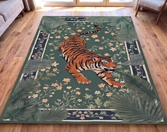 Tiger Rug, Jungle Animal Rug, Botanical Tiger Carpet, Hand Tufted Wildlife Rug, Tropical Forest Rug, Exotic Animal Home Decor