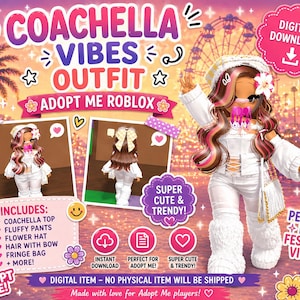 Könnte beinhalten: Werbung für einen digitalen Download für ein Coachella Vibes Outfit für Adopt Me Roblox. Das Outfit beinhaltet ein weißes Oberteil, flauschige Hosen, einen Blumenhut, Haare mit Schleife und eine Fransen-Tasche. Das Bild zeigt eine Figur, die das Outfit trägt.