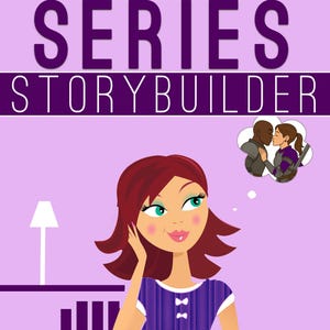 May include: A book cover with the title "ROMANTASY NOVEL AND SERIES STORYBUILDER" in purple text on a light purple background. The cover features a cartoon woman with red hair and a thought bubble with two people kissing. Authors are Kit Tunstall & John D. Tunstall.