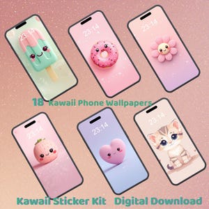 Può includere: Sei smartphone con sfondi a tema kawaii. I design includono un ghiacciolo, una ciambella, un fiore, una fragola, un cuore e un gattino. Testo: "18 Kawaii Phone Wallpapers" e "Kawaii Sticker Kit Digital Download".